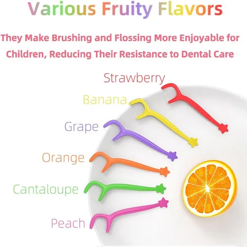 Vista 2 de Hilo dental para niños, múltiples sabores de frutas, palillos de hilo dental para niños de todas las edades, envueltos individualmente (60 unidades)
