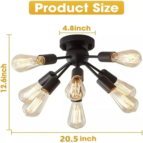 Vista 5 de Lámpara Sputnik de techo de 8 luces, moderna lámpara industrial negra semiempotrada para cocina, comedor, dormitorio, sala de estar, base E26