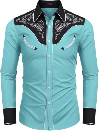 Vista 4 de COOFANDY Camisa vaquera occidental bordada con botones y manga larga para hombre