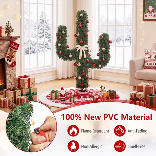Vista 3 de Goplus Árbol de Navidad artificial de cactus preiluminado de 5 pies con 90 luces LED y adornos de bolas, decoración perfecta para las fiestas