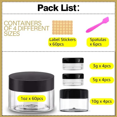 Vista 4 de Recipientes de plástico de 1 oz con tapas, 60 tarros de plástico con tapas + 12 recipientes de muestra de 3/5/0.35 oz, tarro de viaje, ideal