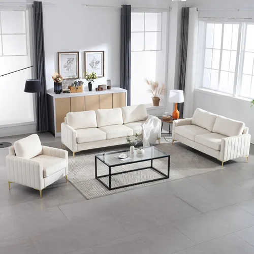Vista 6 de Sofá de 65 pulgadas blanco para espacios pequeños, moderno y cómodo tapizado de 2 plazas de terciopelo copetudo para sala de estar, dormitorio