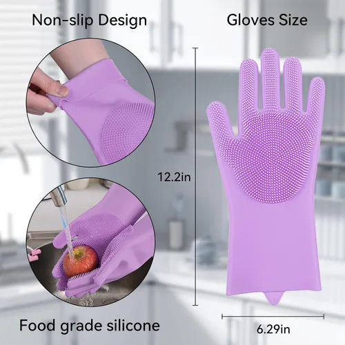 Vista 3 de Silicone Dishwashing Gloves, Kitchen Gloves for Washing Dishes Reusable Waterproof Dishwashing with Cleaning Brush