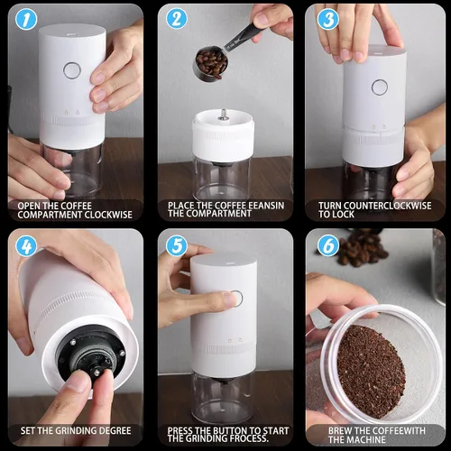 Vista 4 de Molinillo de café eléctrico con rebabas cónicas de acero inoxidable, portátil, molinillo de café compacto con ajustes ajustables precisos (blanco)