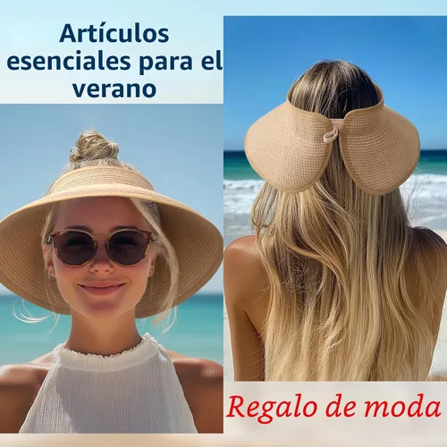 Vista 7 de NPJY Sun Hats for Women Wide Brim Roll-Up Ponytail Packable Straw Visor Blanco