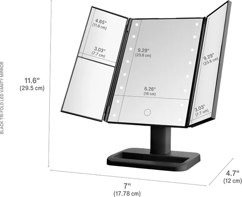 Vista 2 de MELANNCO Elements - Espejo de tocador LED de tres pliegues, 3 aumentos y luces LED regulables, negro, 7.09 x 4.69 x 11.61 pulgadas