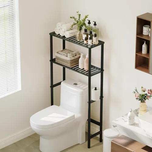 Vista 12 de Almacenamiento sobre el inodoro, estante de baño de bambú de 3 niveles con Natural