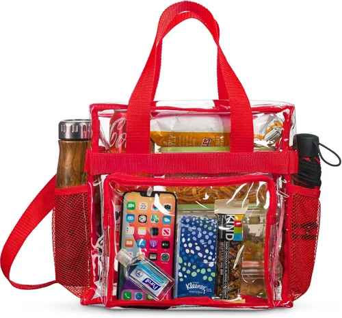 Vista 8 de SP HOME GOODS Bolsa transparente aprobada para estadios con correa ajustable, compartimento frontal de almacenamiento y bolsillos de malla, bolsas