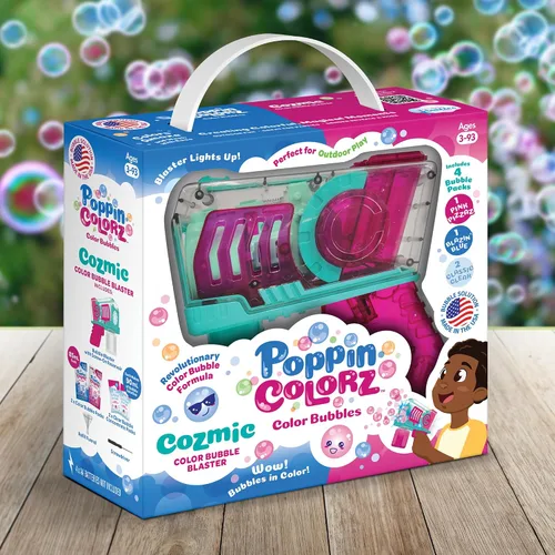Vista 8 de PoppinColorz Cozmic - Pistola de burbujas de color con 1 rosa, 1 azul y 2 soluciones de burbujas transparentes, fabricado en los Estados Unidos,