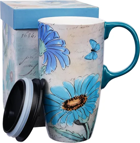 Vista 10 de Topadorn Taza de Café de Cerámica de Viaje con Tapa y Caja de Color, 17oz Termo de Café Apto para Microondas y Lavavajillas, Pájaro Azul