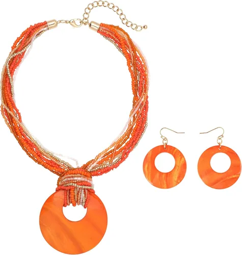 Vista 10 de Coiris Collar de varias vueltas con cuentas coloridas y gran colgante de concha circular para mujer Negro