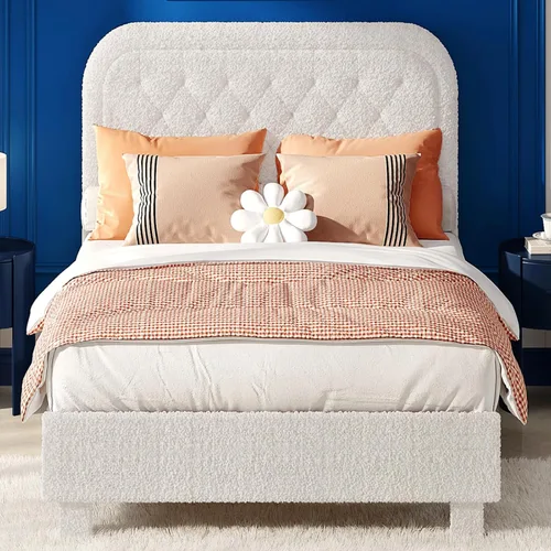 Vista 12 de VINGLI Base de cama individual para niños, cama de plataforma tapizada Boucle con cabecera ajustable, soporte de listones de madera resistente, cama