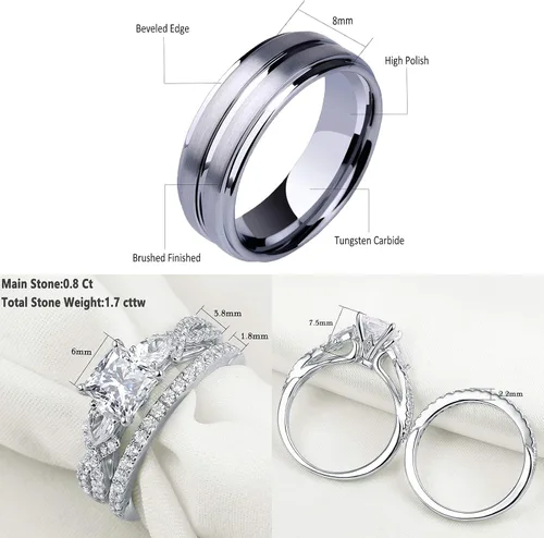 Vista 4 de Newshe Jewellery Juego de anillos de boda para él y ella, AAAAA, circonita cúbica para mujeres y hombres, anillos de tungsteno de plata de ley 925