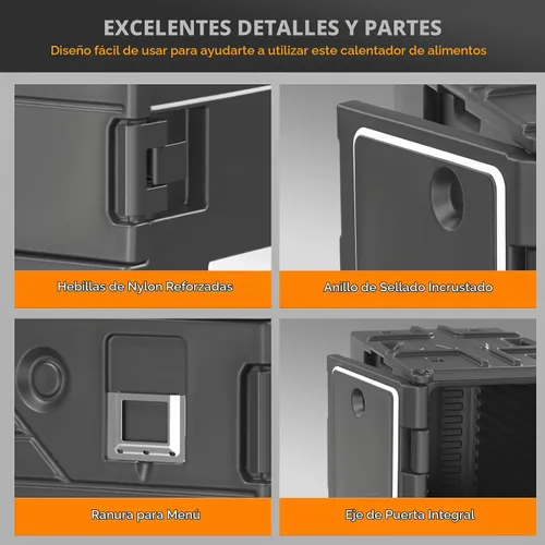 Vista 8 de ROVSUN Caja Calentadora de Alimentos, Porta Comida Aislada con Ruedas Bloqueables Dobles Hebilla y Asas, Cajas Calientes Apilables para Restaurante