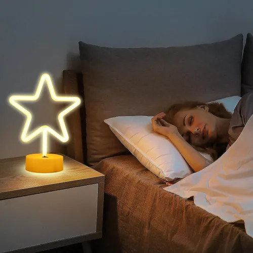 Vista 5 de ENUOLI Lámpara de luz LED de neón en forma de estrella blanca cálida con base, funciona con pilas y USB, letrero de neón LED en forma de estrella