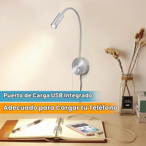 Vista 5 de Luz de lectura regulable montada en la pared con puerto de carga USB, luz de lectura LED enchufable, lámparas de pared con cuello de cisne flexible