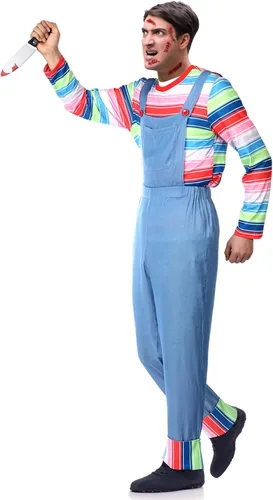 Vista 6 de Hercicy 3 disfraces de Halloween, 1 top casual con 1 overol azul y cuchillo de carnicero sangriento para fiesta de cosplay de Halloween (adultos)
