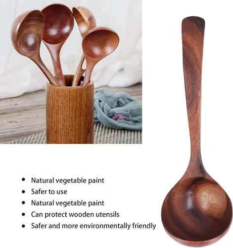 Vista 4 de Cuchara de madera con mango largo, cuchara de teca de madera para servir profunda, gachas de avena para cocinar cocina, acabado suave, textura