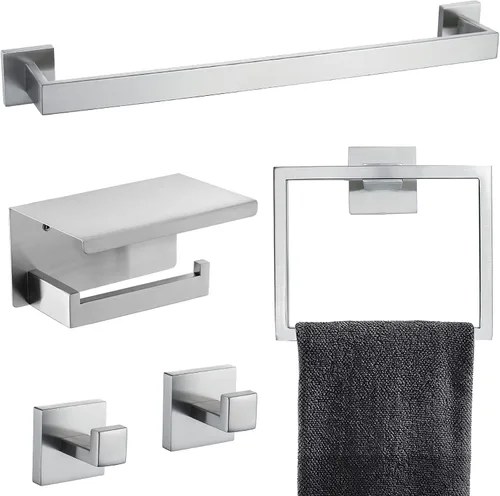 Vista 10 de Juego de Barras Portotoallas Negro Mate de 5 Piezas, Juego de Accesorios de Ferretería para Baño, Juego de Portotoallas Moderno de 23.6 Pulgadas