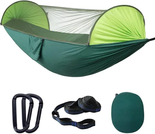 Vista 2 de Hamaca de camping con mosquitera – Hamaca portátil de viaje – Equipo de camping – Tienda de campaña para senderismo al aire libre, campamento, Verde