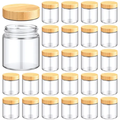 Vista 10 de Norme 120 tarros de vidrio de 4 onzas con tapas, recipientes de vidrio vacíos con tapas de grano de madera y revestimientos interiores