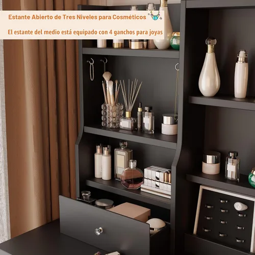 Vista 5 de DYHOME Escritorio de maquillaje con espejo de luces LED, 3 modos ajustables y tomas de corriente, mesa de tocador con 6 cajones y banco, escritorio