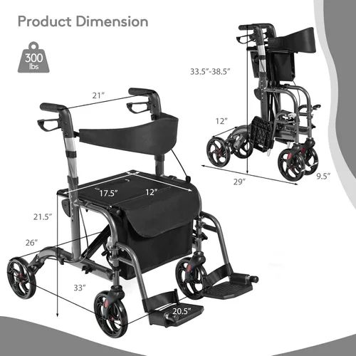 Vista 7 de GOPLUS Andadores con ruedas 2 en 1 para personas mayores, andador plegable con asiento, rueda de 8 pulgadas, combinación de andador médico y silla