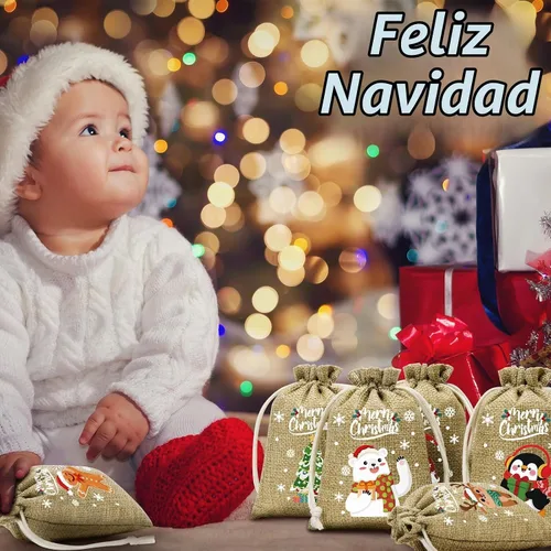Vista 9 de FLOE 72 piezas Bolsas de regalo de Navidad de arpillera con cordón, bolsas de lino de Navidad con cordón para golosinas, bolsas de regalo de Navidad
