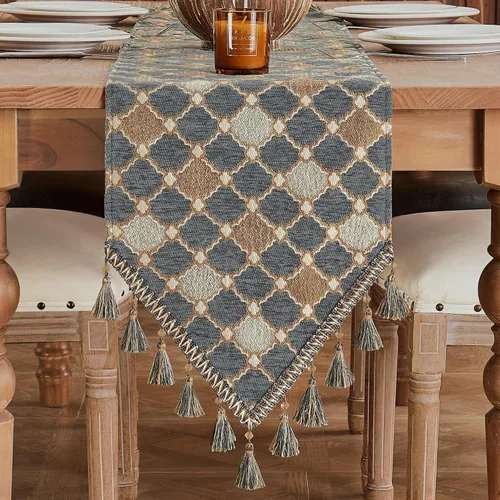 Vista 16 de Loom and Mill - Camino de mesa de damasco elegante y lujoso, 72 pulgadas de largo, color beige Jacquard Table Runners with Handmade Multi-Tassels