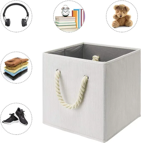 Vista 3 de Contenedores plegables de almacenamiento de tela de bambú beige y blanco, organizador resistente con asa de cuerda de algodón para oficina en casa