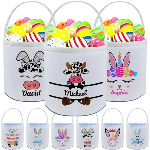 Vista 20 de Cesta de Pascua personalizada con nombre para niños, lona personalizada, cubo de Pascua, regalo para niños y niñas