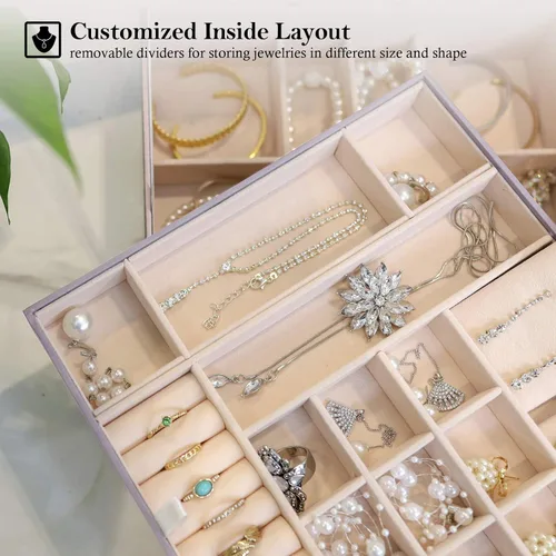Vista 4 de ProCase - Joyero grande de cuero con dos niveles para organizar aretes, pulseras, anillos, relojes, para mujeres, niñas, regalo ideal para novia