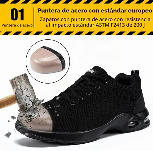 Vista 2 de Tinefiy Zapatos con punta de acero para mujer, cómodos zapatos de trabajo 02Negro