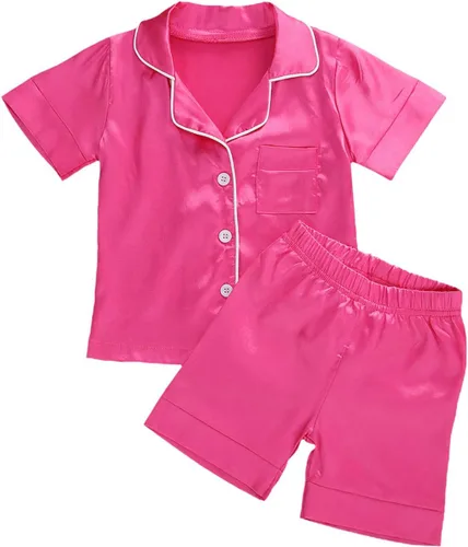 Vista 22 de Conjunto de pijama de satén para bebés y niños pequeños, pijamas de manga larga con botones para niñas 4 de julio