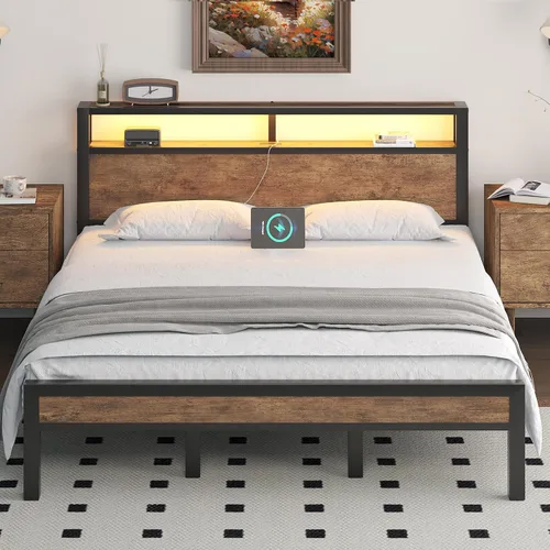Vista 49 de LOEWAY Base de cama tamaño Queen con cabecero de almacenamiento y luces LED, color gris