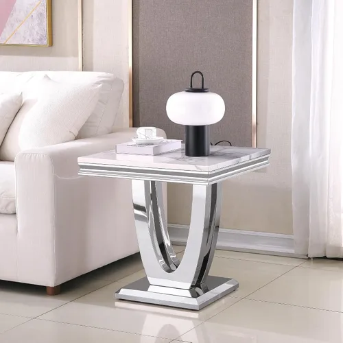 Vista 3 de Mesa auxiliar cuadrada moderna de mármol sintético plateado con parte superior de mármol sintético de 0.71 pulgadas de grosor, base de acero