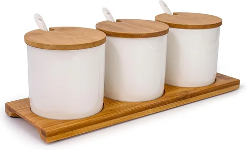 Vista 8 de Recipiente de especias de porcelana para condimentos con tapas, soporte de tapa de bambú, cuchara de servir de cerámica, bandeja de madera, la mejor
