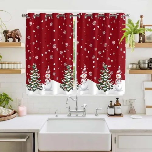 Vista 8 de Libaoge Cortinas de Navidad para cocina, dormitorio, juego de 2 paneles, diseño de muñeco de nieve de Navidad, cortinas de invierno con copos