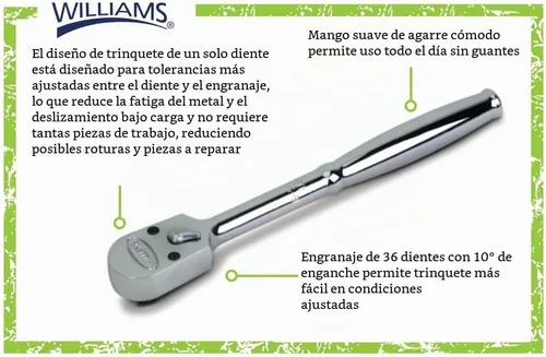 Vista 2 de Williams JHWS-52EHA Trinquete con cabeza de cierre de 1/2 pulgada con acabado cromado, diseño de trinquete de una garra, engranaje de 36 dientes