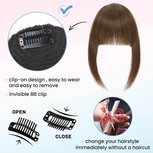 Vista 5 de Hairro Flequillo con clip, de cabello humano, fleco francés, con flecos, parte frontal plana, flequillo lateral, clip con cortina de sien, clip