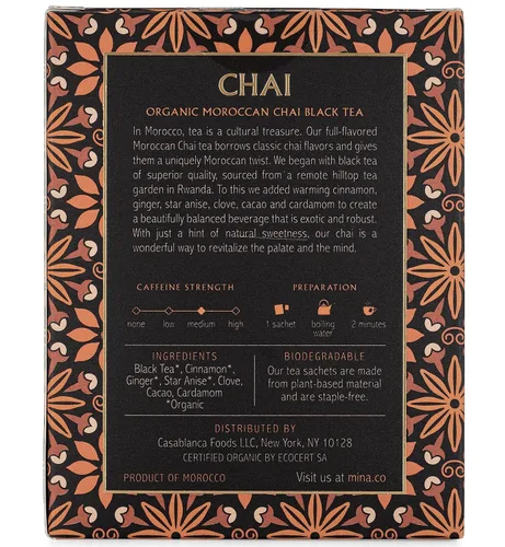 Vista 3 de Mina Chai marroquí, bolsas de té negro orgánico, té Chai orgánico con canela, anís estrella de jengibre, clavo y cardamomo, Chai Latte caliente