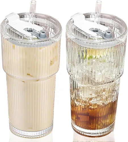 Vista 9 de Vaso de vidrio de 20 onzas con tapa y pajilla, taza para café helado acanalado transparente, vaso de vidrio de borosilicato, cristalería vintage