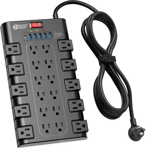 Vista 14 de Regleta de alimentación, SUPERDANNY - Protector contra sobretensiones con 22 tomas de corriente AC y 6 puertos de carga USB, 1875 W/15 A, 2100