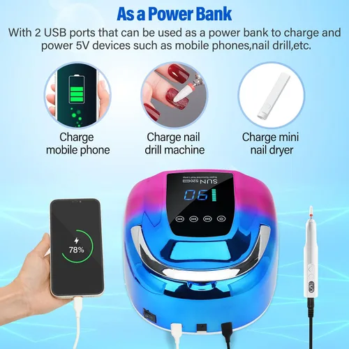 Vista 2 de Lámpara de uñas LED UV, inalámbrica, luz UV recargable portátil de 128 W para uñas de gel, secadora de luz de gel profesional con sensor automático