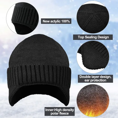 Vista 4 de Syhood Men Winter Earflap Hat Ski Skull Cap Knitted Beanie Stocking Hat with Ear Warmer
