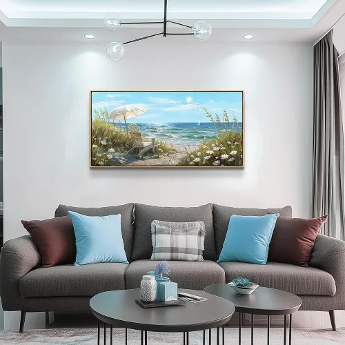Vista 4 de ERQINHUA Gran decoración de pared para sala de estar, arte de pared en lienzo para restaurante, decoraciones para oficina, pinturas de mar azul