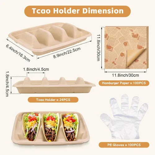 Vista 3 de 24 soportes desechables para tacos con 100 forros y 100 guantes, platos de tacos de fibra natural resistentes, bandejas de tacos de 3 compartimentos