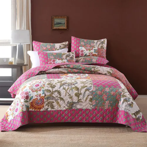 Vista 14 de ABREEZE Juego de edredón acolchado de algodón con diseño de retazos florales y rosas azules, juego de colcha rústica de 3 piezas