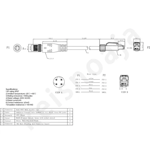 Vista 3 de Cable M12 a RJ45, D-Code 4Pin macho a RJ45 enchufe recto 1M 22AWG, Ethernet industrial IP67 sin blindaje, para equipos de TI y automatización
