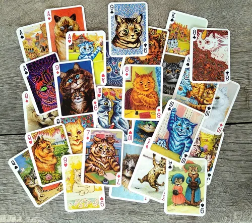 Vista 4 de Cartas de juego de gatos psicodélicos (baraja de póquer, 54 cartas, todas diferentes), arte único de gatos por Louis William Wain Vintage Cards